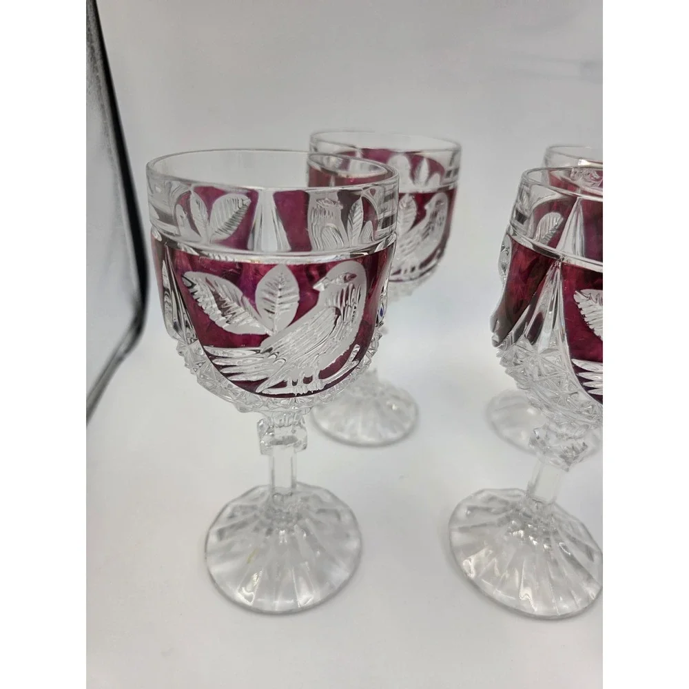 Vintage Bohemian Ruby Red Cut to Clear Crystal Wine Goblets Etched Bird Set of 6